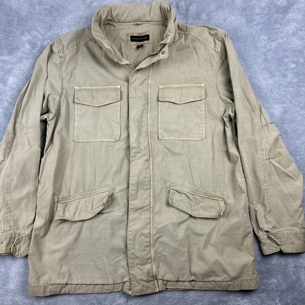 Structure‎ Mens Large Beige Chore Barn Coat Jacket Snap Zip Hooded Cotton